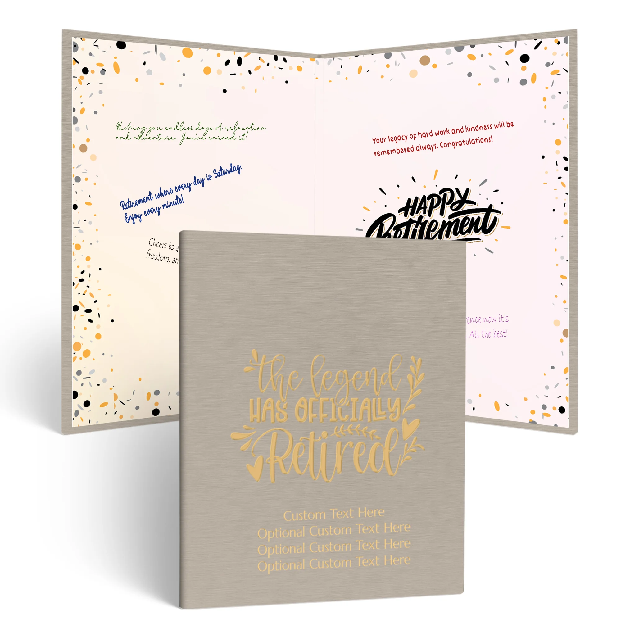Champagne beige Personalized Guest Book for Retirement Party with gold “The Legend Has Officially Retired” design on the cover, displayed open with confetti-style pages for guests to write messages and well wishes.